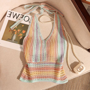 Áo Ba Lỗ Không Tay Cổ Chữ V Dệt Kim Màu Sọc Ngắn Cho Nữ Mùa Hè Áo Ba Lỗ Ôm Vừa Vặn Ngọt Ngào Áo Lót Bên Trong