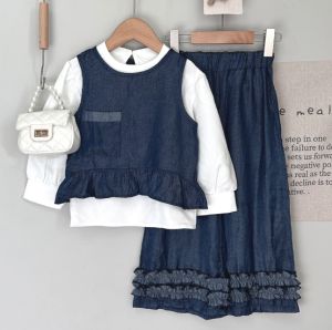 Bear Leader Autumn Fashion New Childrens Three Piece Set White Long Sleeved Shirt+Pocket Vest+Pants Solid Color Girls Clothes