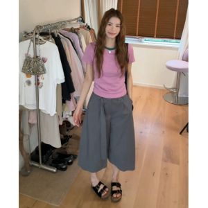 YUEZHONGWEI | Áo Thun Nữ Cổ Tròn Sọc Hồng Ôm Sát Mùa Hè
