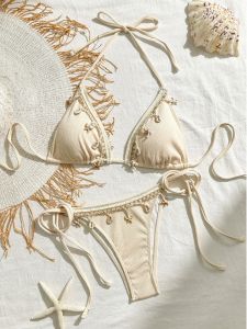 Bikini Cổ Treo Dây Buộc Màu Trơn Dành Cho Nữ Bộ Đồ Thể Thao Thường Ngày Hai Mảnh Cổ Chữ V Cài Nút Mùa Xuân