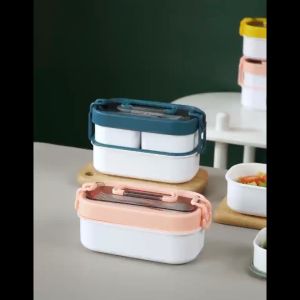 MI-C991 Tempat Makan 2 Tingkat dengan Jinjingan 700ML Free Sendok Garpu BPA FREE / Lunch Box Susun 1000ML Anti Tumpah Bahan Plastik Portable / Kotak Bekal Food Grade Import