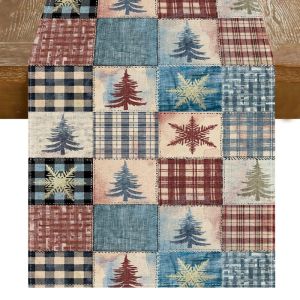 VIKAMA Christmas Table Runner Plaid Patchwork Xmas Tree Snowflake for Dining Table Home Winter Holiday Party Decor