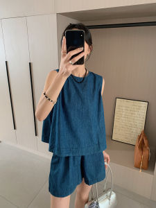 150 Little Sized Man Back Stylish round Neck Denim Sleeveless Vest Female Summer High Waist Wide Leg Shorts Two-piece Set