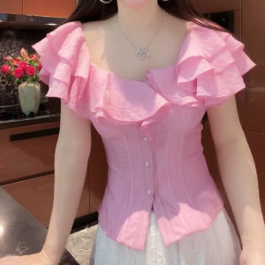 SHUAIYUE | Áo Sơ Mi Tay Ngắn Dập Xếp Nở Dày Đinh Hình Eo