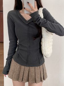 Retro Ins Bright Line Niche Design Finger Fit Design Long Sleeves T-shirt Womens Dralon Bottoming Shirt Autumn and Winter V-neck Silm Tops