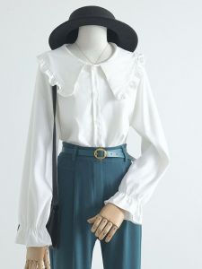 Design Sensation Long Sleeve Chic Style Womens Shirt Spring Autumn Doll Collar Bell Sleeve Ruffle Hem Fashionable Top