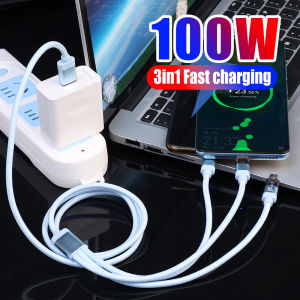 3 In 1 100W Fast Charging USB to Type C Data Cable Transparent LED Digital Display Wire Cord for Iphone Samsung Huawei Xiaomi Quick Charger