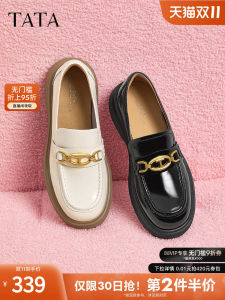 Tata Thick Heel British Style Slip-On Loafers Womens Shoes round Toe mid Heel Rubber Sole Fashionable Winter New Arrival