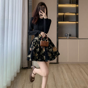 New Chinese Style Womens Long Sleeve Qipao Dress Fashionable Autumn Winter Clothing High Waist round Neck A-Line Skirt