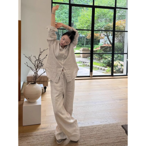 LIANGYILAILIN | Retro Luxurious Flax Blended Shirt and Pants Set