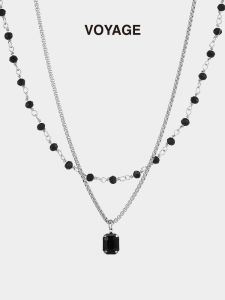 สร้อยคอเหล็กไทเทเนียมสองชั้นสําหรับผู้หญิง สีดำ จี้เพชร หวาน เครื่องประดับแฟชั่นสไตล์เท่เครื่องประดับหรูหรา ดีไซน์