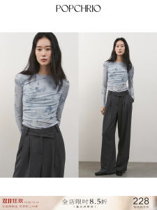 เสื้อยืดคอกลมแขนยาวพิมพ์ลายดอกไม้ POPCHRIO ทรงสลิมฟิต สไตล์ลำลอง ผ้าโพลีเอสเตอร์ผสมยางยืด ฤดูใบไม้ร่วง 2024