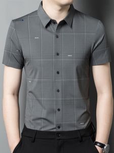 ROMON | Lormen Mens Short Sleeve Shirt Ice Silk Thin Summer Business Casual Checkered No Ironing Required Fashionable Youth Poplin Shirt