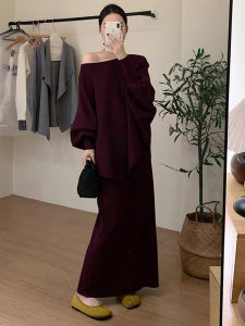 Fashionable High-Waist Mini Skirt And Sweater Set Womens Autumn Outfit Design One-Shoulder Knitwear plus Size Two-Piece Set
