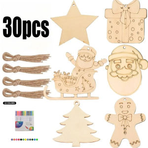 30pcs 6 Styles Paintable Blank Wooden Christmas Tree Festival Ornaments Xmas Tree Hanging Wood Slices for DIY Art Crafts