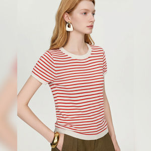 Striped Slim Fit Short Sleeve Knit Top Red