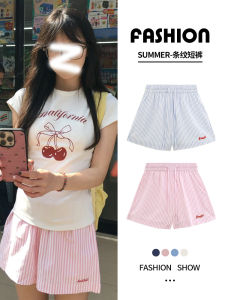 Quần Short Thêu Sọc Hồng Cạp Cao Mùa Hè 2025 Phong Cách Mới Cho Nữ Quần Dài Đến Mắt Cá Chân Thường Ngày Đi Biển Quần Chữ a