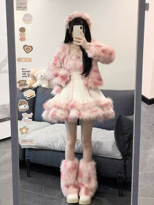 Christmas Themed Short Plush Jacket Versatile Lolita Style JSK Set Autumn Winter Fashion Sweet Sister Alluring Gradient Color