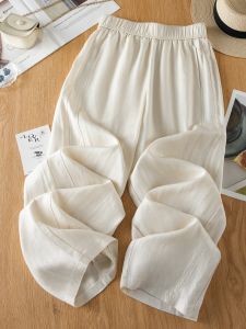 MEITESIJIAONU | Beige Tencel-Linen Wide Leg Trousers for Women