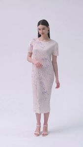 6348 One Size (45-75kg) Summer Ink Blooming Printing Short Sleeve Waist-Controlled Slimming Pleated A- Line Dress