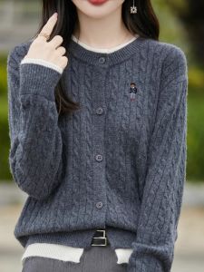 Stylish Knitted Cardigan Autumn Winter Embroidered Base Layer College Style Warm Long Sleeve round Neck Loose Fit Outerwear