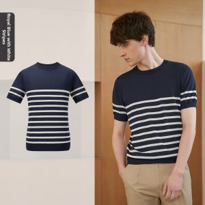 Short Sleeve Sapphire Round Neck Striped T-Shirt