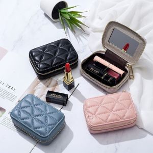 Fashionable Soft Leather Makeup Bag with Mirror Portable Cute Storage Cosmetic Pouch Korean Style Zipper Closure PU Material