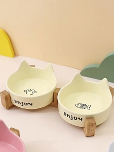 ชามข้าวแมวเซรามิก ชามอาหารสัตว์เลี้ยง ที่ใส่อาหารสัตว์เลี้ยง ไม้ เหมาะสำหรับสุนัขและแมว