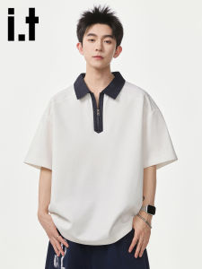 izzue | Fashion Color Block Half Zip Mens Short Sleeve Polo Shirt