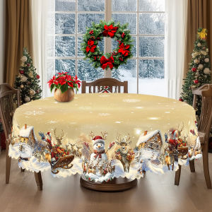 1 Piece Merry Christmas Themed Gold Printed Tablecloth Retro Country Farmhouse Style Santa Claus Snowman Snow Scene Pattern Design Suitable for Christmas New Year Party Party Decoration Kitchen Accessories Room and Outdoor Decoration Gifts fo...