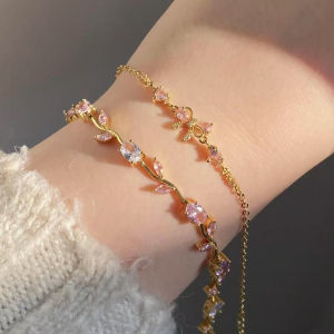 Pink Cubic Zirconia Wrist Chain with Vine Flowers Sweet and Romantic Metal Bracelet For Women Jewelry Wedding Party Gifts