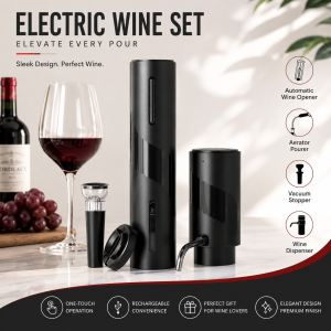 4-piece Set Wine Set Gift Box (Rechargeable Electric Corkscrew+Tinfoil Knife+Electric Wine Dispenser+Pull-Out Vacuum Stopper)/Wine Set Gift Box/Red Wine Corkscrew/Wine Dispenser/Electric/Rechargeable/Black Plastic Body