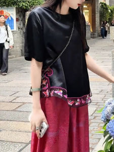 QINGNAER | Retro Chinese Style Black Embroidery Patchwork Slim Fit Short Sleeve Shirt