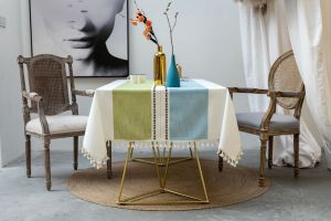 [Cao Cấp] Khăn Trải Bàn Vải Polyester Cao Cấp Viền Tua Rua Họa Tiết Sọc Phong Cách Châu Âu Sang Trọng Nỗi Bật - 0057