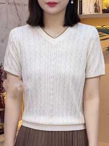 Loose Ice Silk Short Sleeve T-Shirt Womens Summer Fashion Youthful Hollow out Versatile Top V-neck Breathable Casual Wear