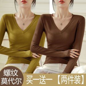 Áo Sơ Mi Cổ Chữ V Mỏng Dài Tay Mùa Xuân Thu Cho Nữ Áo Lót Bên Trong Thời Trang INS Phong Cách Thường Ngày Màu Trơn Dáng Ôm