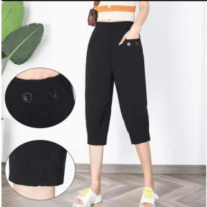 กางเกงขายาวทรงสลิมฟิตเอวยางยืดผ้าฝ้ายผสมน้ำแข็งสไตล์ฮาราจูกุ กางเกงขายาวทรงหลวมเอวสูง โพลีเอสเตอร์