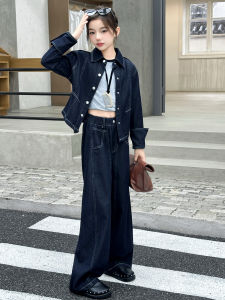 MPW | Trendy Girls Denim Set Wide Leg Pants Jacket Two Piece Suit Spring Autumn Children Fashionable Outfit Cool Style Kids Clothes