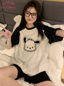 ชุดนอนผู้หญิงฤดูร้อน แขนสั้น กางเกงขาสั้น ผ้าฝ้ายแท้ ชุดสองชิ้น ลายการ์ตูนสุนัขพันธุ์ปะการัง ชุดอยู่บ้านสำหรับนักเรียน