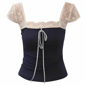 YUEZHONGWEI | French Lace Splice Color Block Shoulder Short Sleeve T-Shirt Women Summer Design Slim Fit Pure Desire Short Style Top