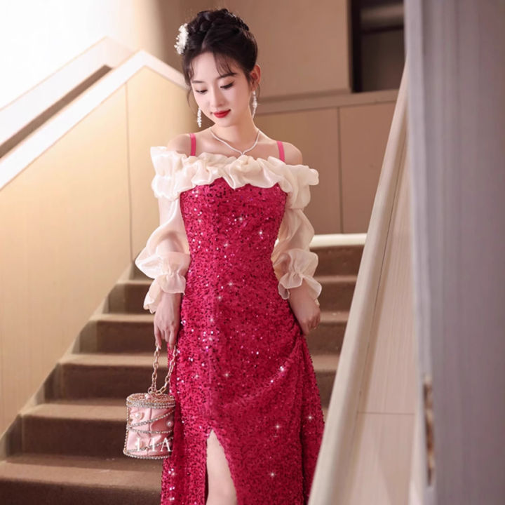 EAGLELY Sequins Glitter Evening Dress For Women Elegant Luxury