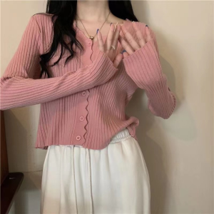 Spring Pure Desire Short Thin Korean Style Knitted V-Neck Long Sleeve Ladies Open Cardigan Sweater Jacket Casual Commute