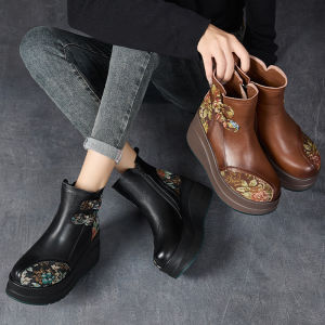 Warmth Martin Boots Cotton Inserted Thick Bottom Platform Short Boots Autumn Winter National Style Side Zipper round Toe Rubber Sole