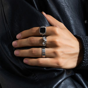 KunJoe Mens Stainless Steel 3pcs/set Square Oil Drip Ring Sets Gothic Punk Silver Color Metal Rings Halloween Party Jewelry