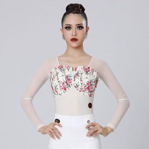 Long Sleeve U-Neck Latin Dance Practice Suit Top Ensemble with Front Chest Lace High End Dance Costume for Women