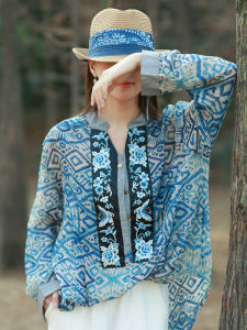 Designer Recommended Blue Printed Embroidered Top Irregular Diamond Pattern Ethnic Style Long Sleeve V-Neck Polyester Fiber
