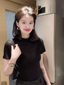 YUFUQING | Black Round Neck Short Sleeve T-Shirt Womens Casual High Waist Slim Fit Polyester Fiber Summer New Style Korean Style Top