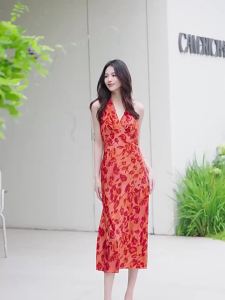 LANCY FROM 25 | Silk V-Neck Halter Backless Sleeveless Polka Dot Print Long Dress