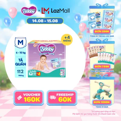 [15-20.09 QUÀ TO][TẶNG MIẾNG NGẪU NHIÊN] Tã quần Bobby Siêu Khô Thoáng - 100% Thoáng Khí Mega Jumbo M112 (số miếng tặng thay đổi theo từng đợt nhập hàng)