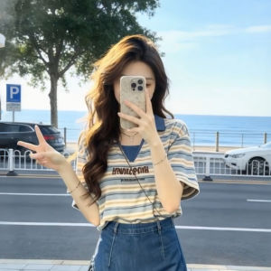 XUECAIQI | Striped Youthful T-Shirt Irregular Hem Tassel Denim Skirt Two-Piece Set